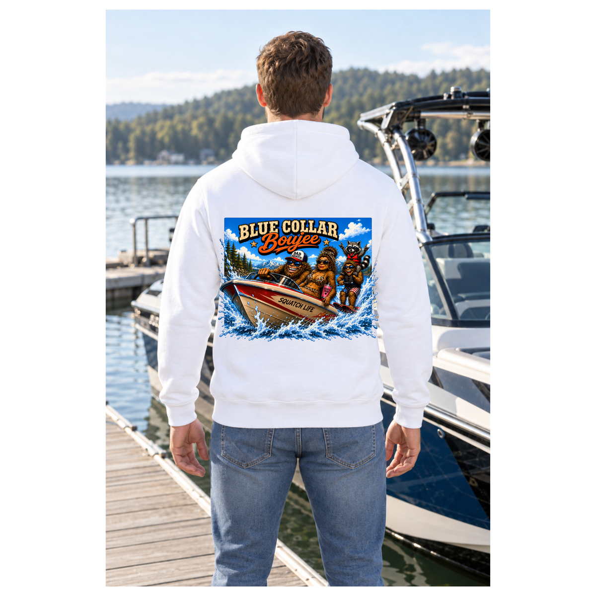 Blue Collar Boujee Boating Hoodie, Sasquatch Boat Sweatshirt, Unisex Gildan 18500 Hoodie, Lake Life Gift for Men